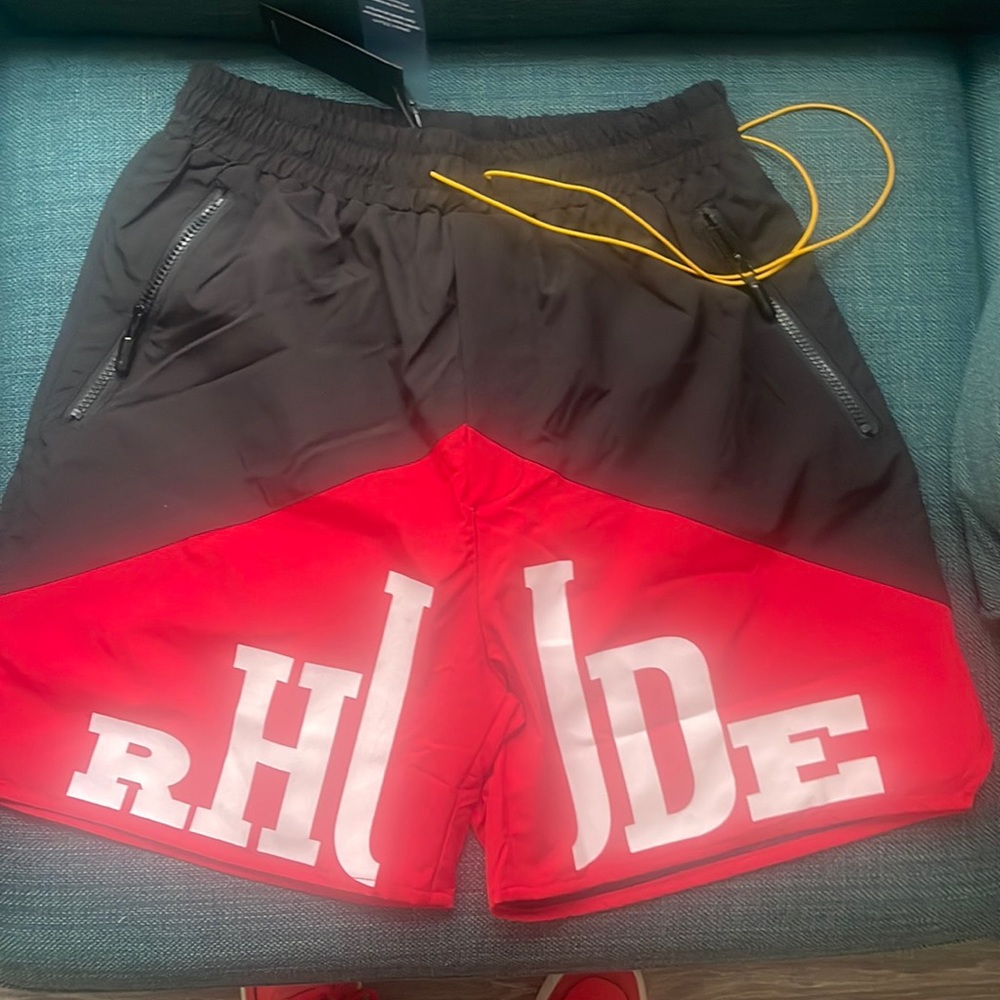 Rhude Shorts. Black & Red w/ White letters and Yellow drawstring. Size: Large